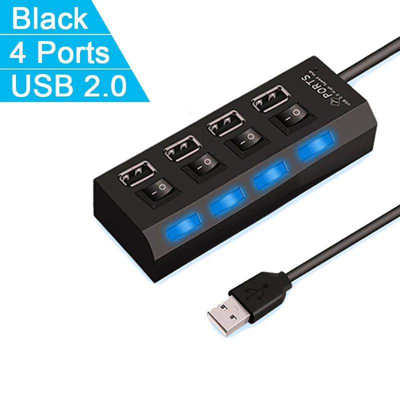 High Speed 4/7 Ports USB HUB 2.0 Adapter Expander Multi USB Splitter Multiple Extender with LED Lamp Switch for PC Laptop - Acros
