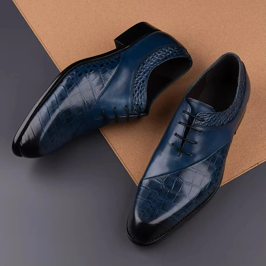 Handmade blue leather Oxford shoes for men, stylish top-layer cowhide, ideal for business, office, or wedding occasions.