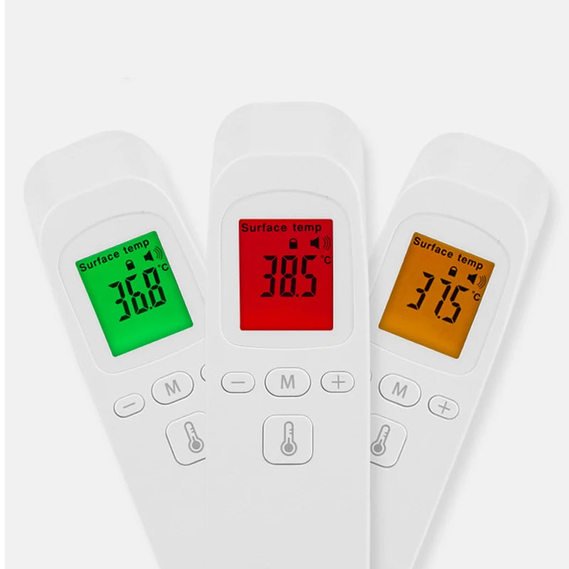 Ansoff infrared digital fever thermometer showing LCD display, used for non-contact measuring body temperature in infants and adults.