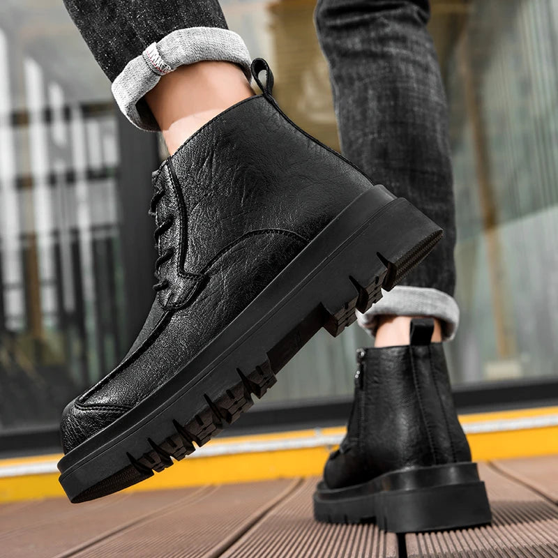 Ansoff genuine leather men's workwear boots with thick platform, side zipper, casual and outdoor footwear for height increase.