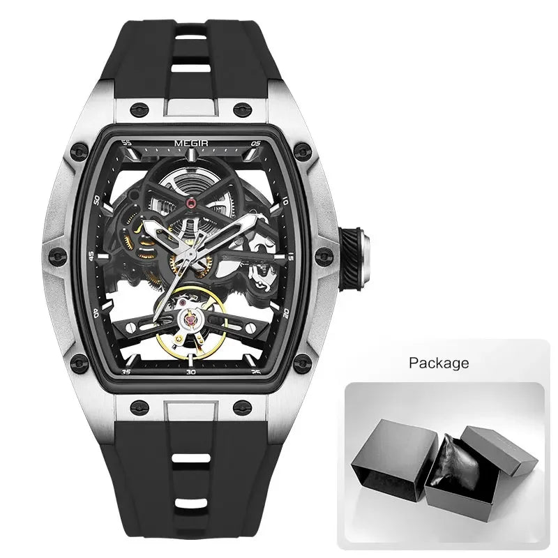 MEGIR Men's Automatic Mechanical Watch with Stainless Steel Case Silicone Band Skeleton Dial Waterproof Sport Wristwatch - Acros