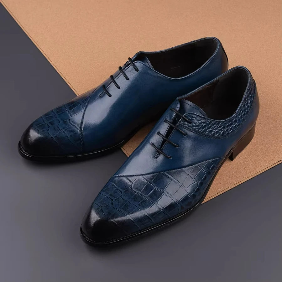 Men's handmade blue leather Oxford shoes by Ansoff, featuring top layer cowhide leather, luxury retro design for business or wedding wear.