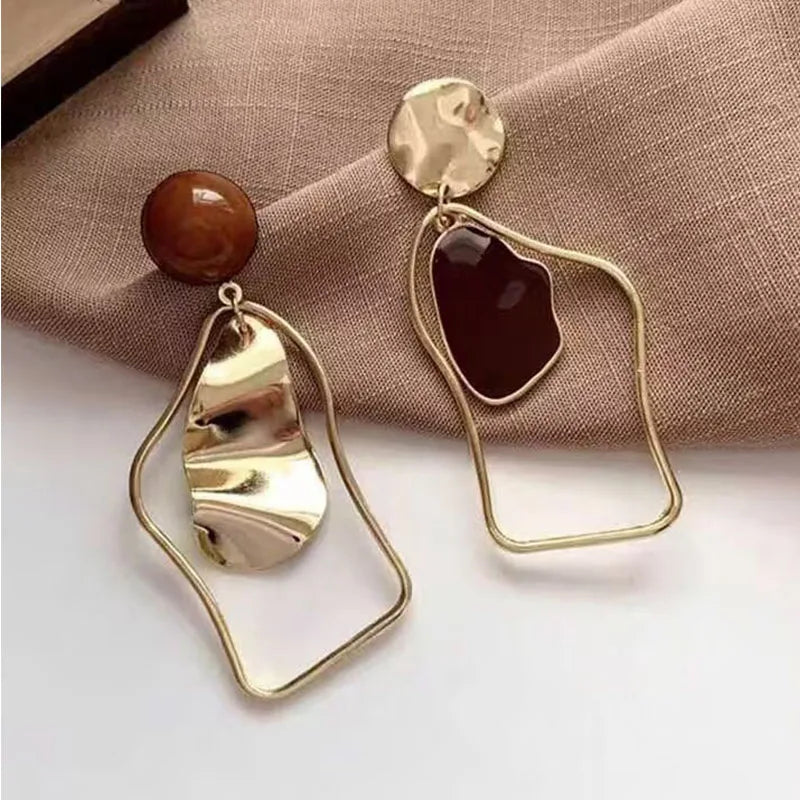 Vintage Geometry Irregular Eardrop Personality Asymmetry Dripping Oil Earrings for Women Fashion Daily Commuting Jewelry Gifts - Acros