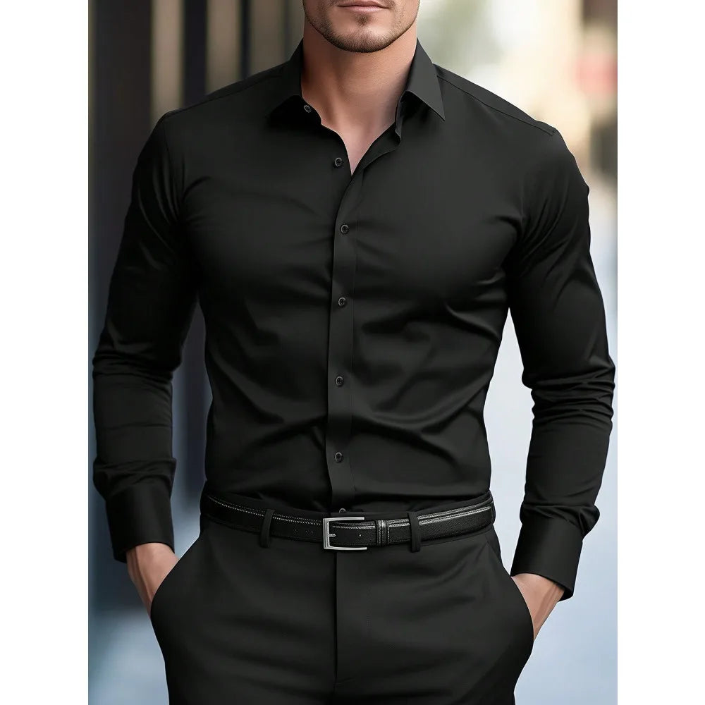 Ansoff men's long sleeve solid color casual shirt, elastic fabric, suitable for four seasons, ideal for smart business or casual wear