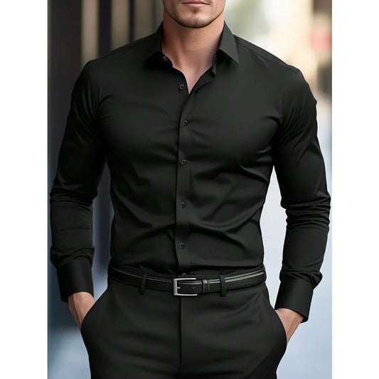 Ansoff men's long sleeve solid color casual shirt, elastic fabric, suitable for four seasons, ideal for smart business or casual wear