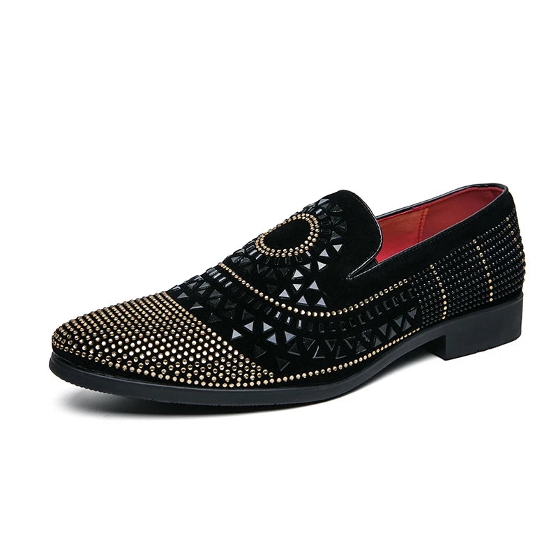 Ansoff men's pointed casual leather slip-on shoes with rhinestone accents, breathable design, ideal for fashion and nightclub wear.