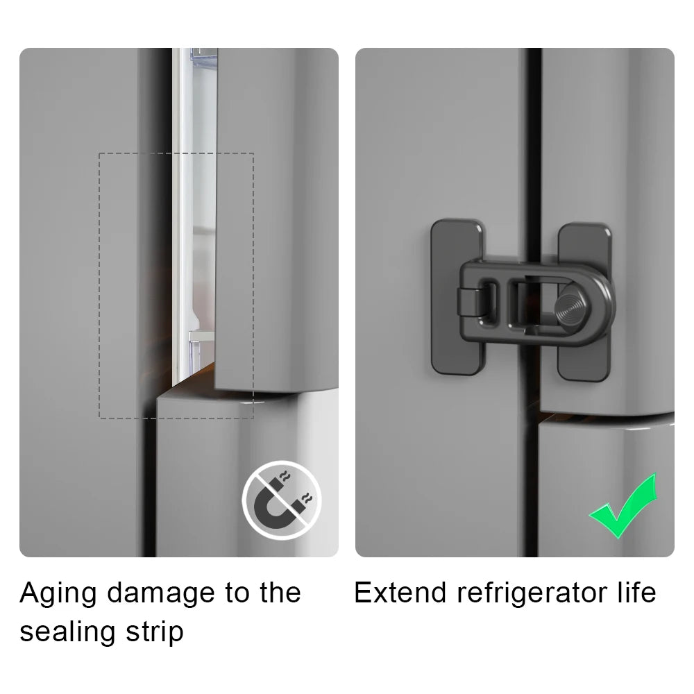 Ansoff fridge and freezer child safety lock securing refrigerator door to prevent access by children.