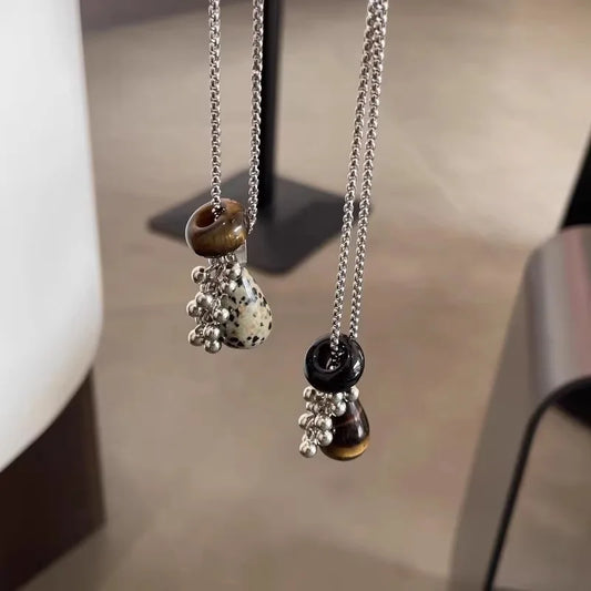 LATS Fashion Spotted Tiger Eye Stone Irregular Pendant Necklace for Women Long Chain Girls Charm Aesthetic Jewelry Accessories - Acros