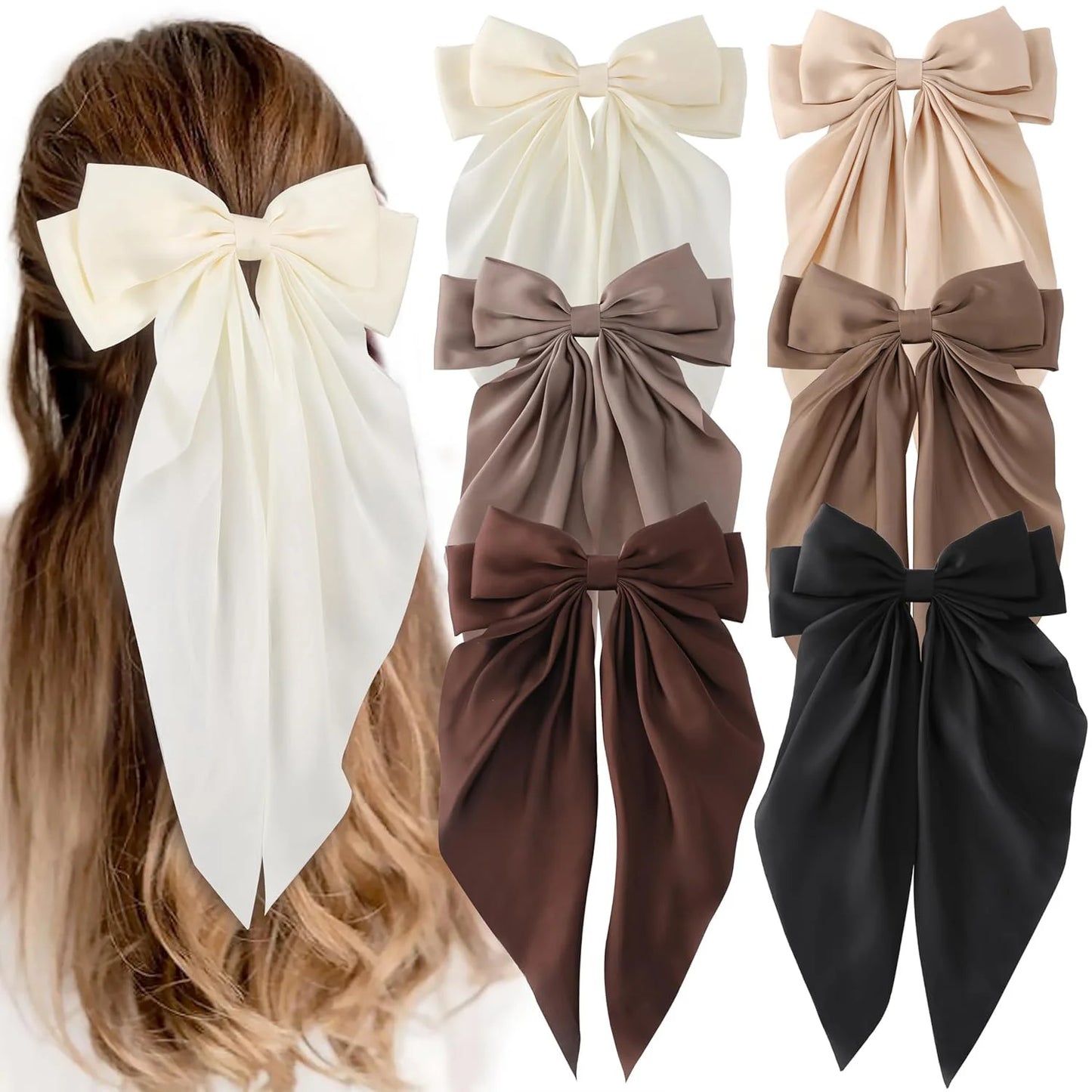 Ansoff Korean hair accessories featuring large satin bowknot clips with long ribbons, spring clamps for women and girls.