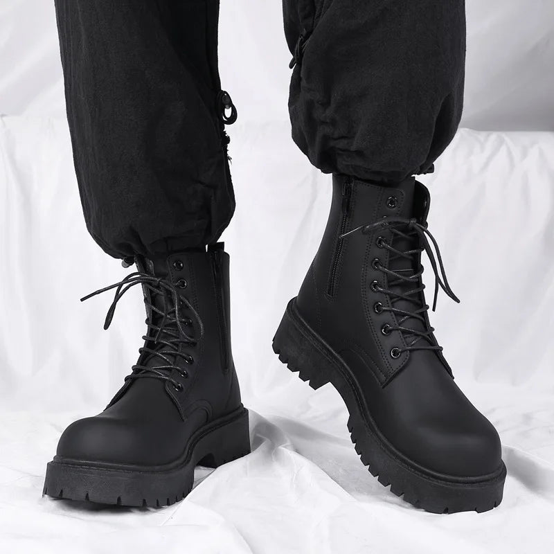 Black leather men's high top platform motorcycle boots with lace-up design, waterproof casual footwear by Ansoff.