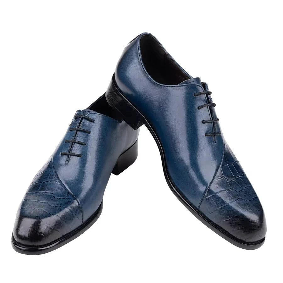 Men's blue Oxford shoes by Ansoff, handcrafted with top layer cowhide leather, featuring a luxury retro design for business or wedding wear.