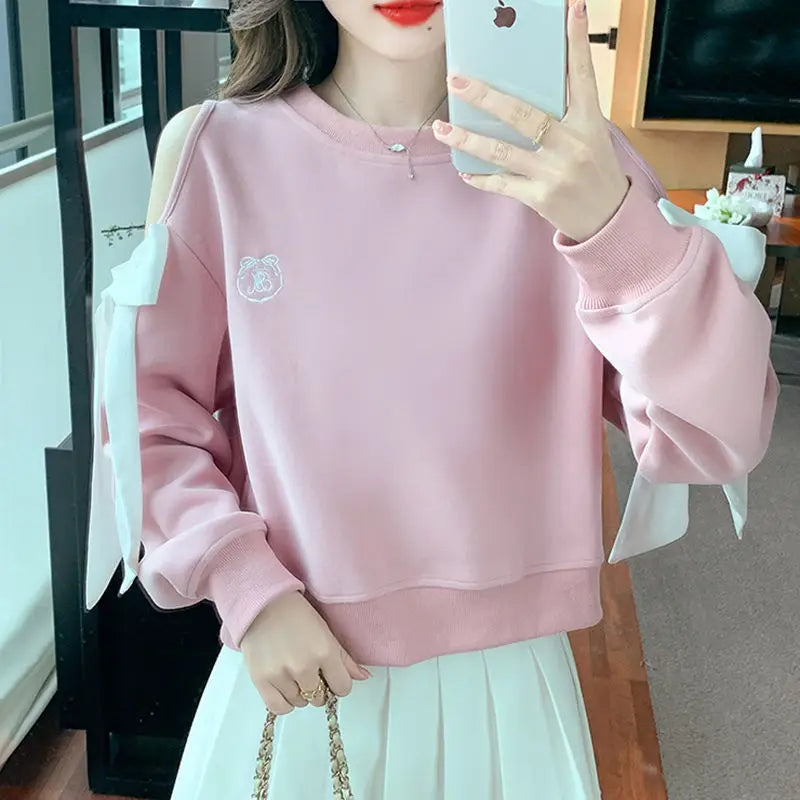 Off The Shoulder Sweatshirt For Women Harajuku Fashion Youthful Clothes Sport Essential New In Basic Blue Woman Pullover Tops - Acros