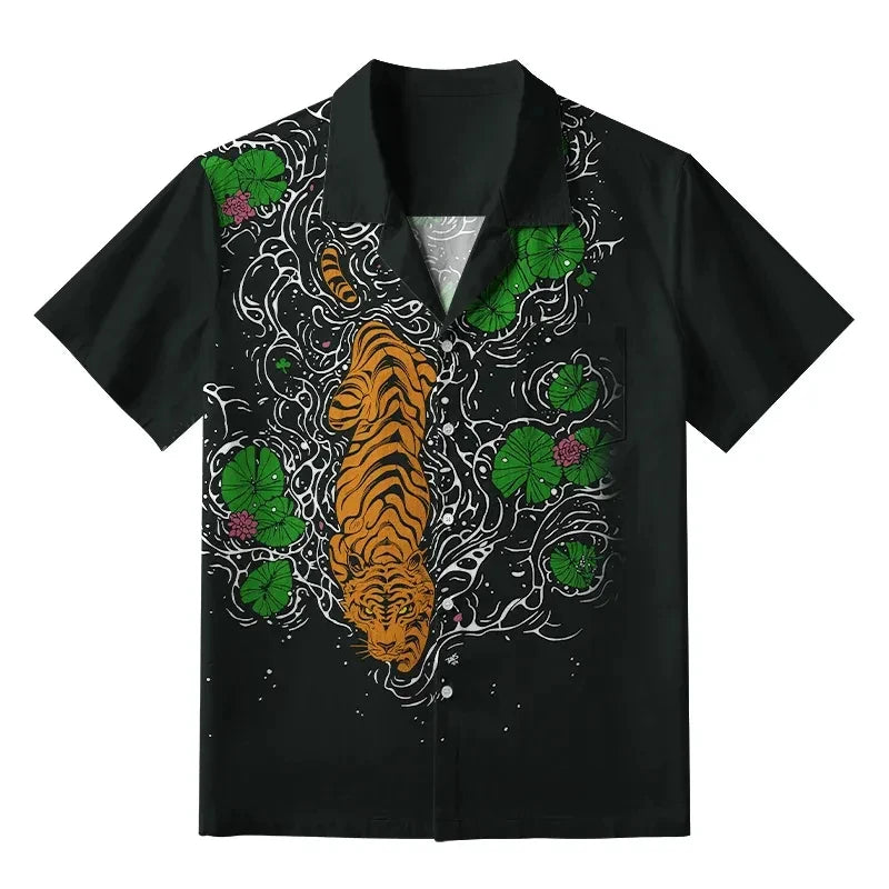 Ansoff Hawaiian shirt for men featuring a tiger print, casual loose fit, breathable fabric, buttons, perfect for beach and holiday wear.