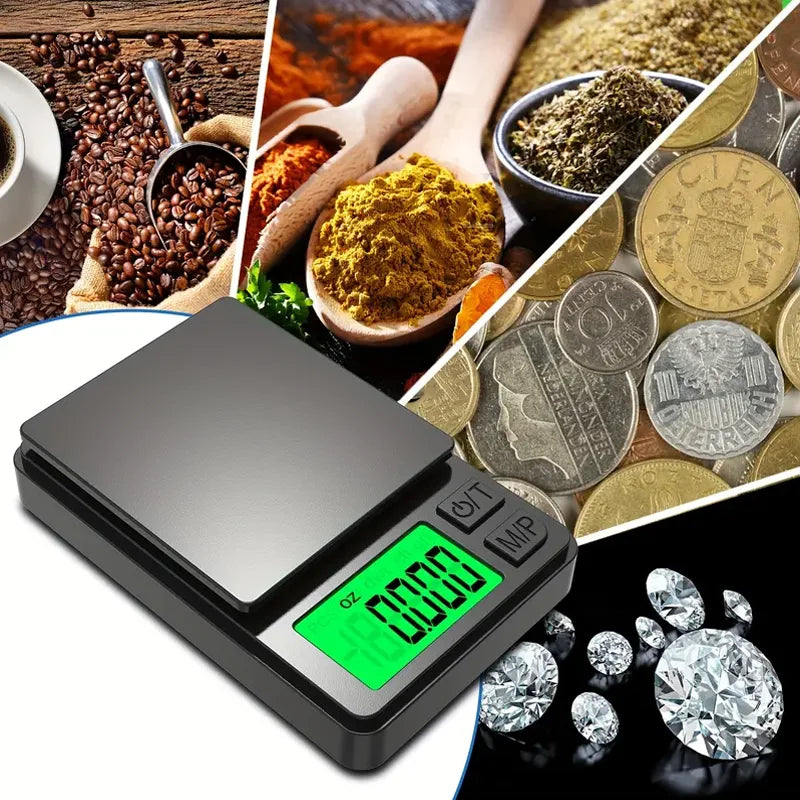 Ansoff Precision Pocket Scale showing 1000g capacity with backlit LCD, suitable for food, jewelry, and travel weighing.