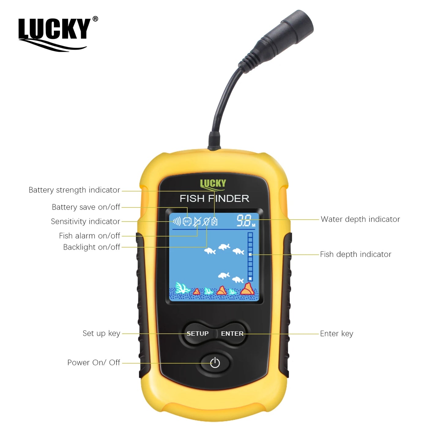 FFC1108-1 Alarm 100M Portable Sonar Fish Finders 45 degrees Sonar Coverage Echo Sounder Alarm Transducer Lake Sea Fishing - Acros