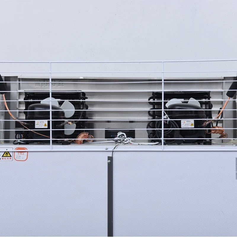 Ansoff commercial double-temperature upright refrigerator with four doors, showcasing its sleek stainless steel design and digital controls.