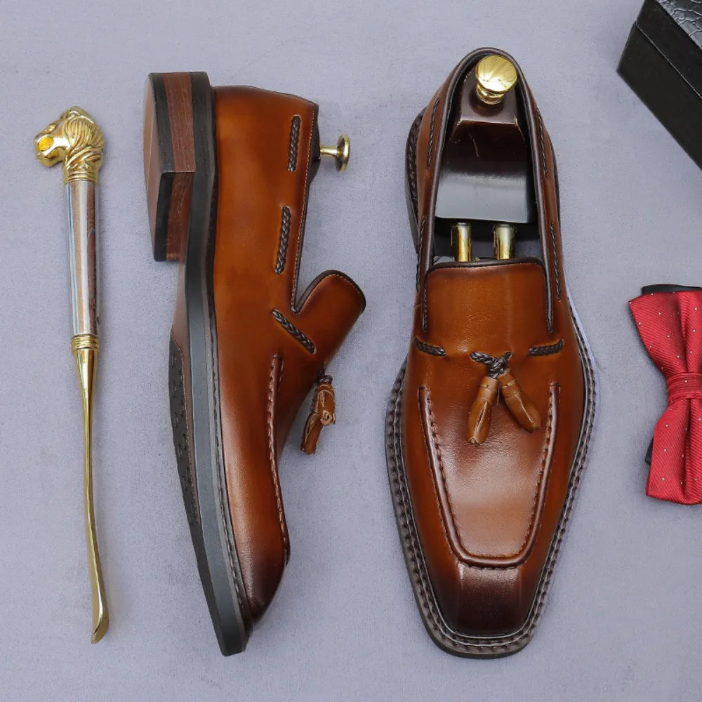 Men's Tassel-Trimmed Slip-On Shoes | Genuine Cowhide, Cross-Border Formal Business, Work & Casual Leather Footwear - Acros
