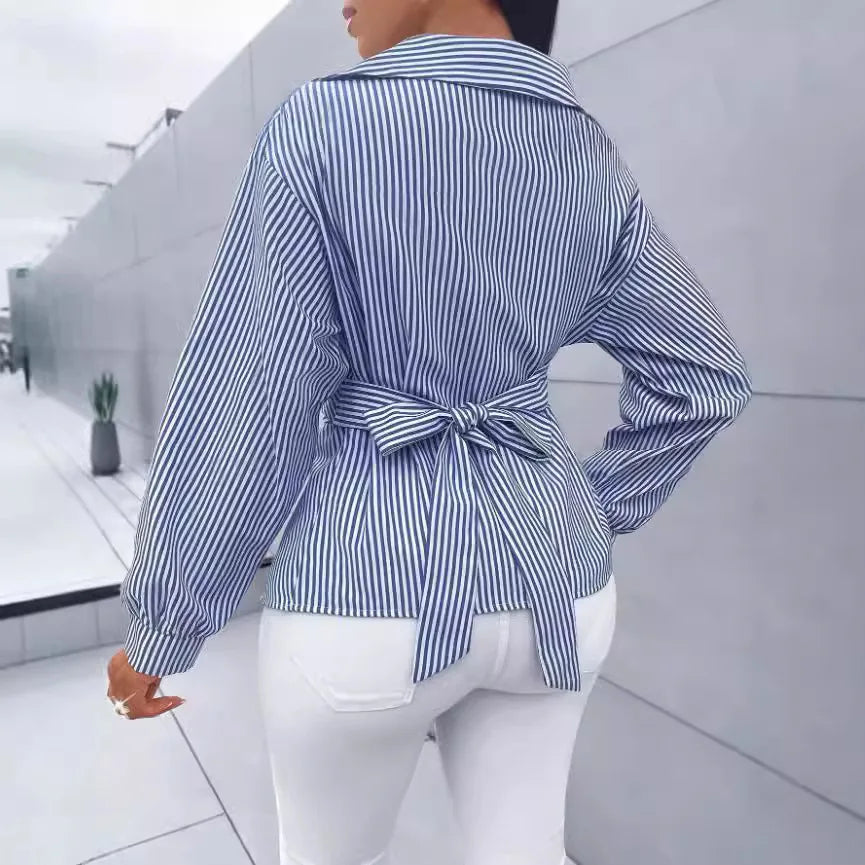 Ansoff women's long-sleeve striped printed casual blouse with an irregular cross design, perfect for spring and summer 2025 fashion.