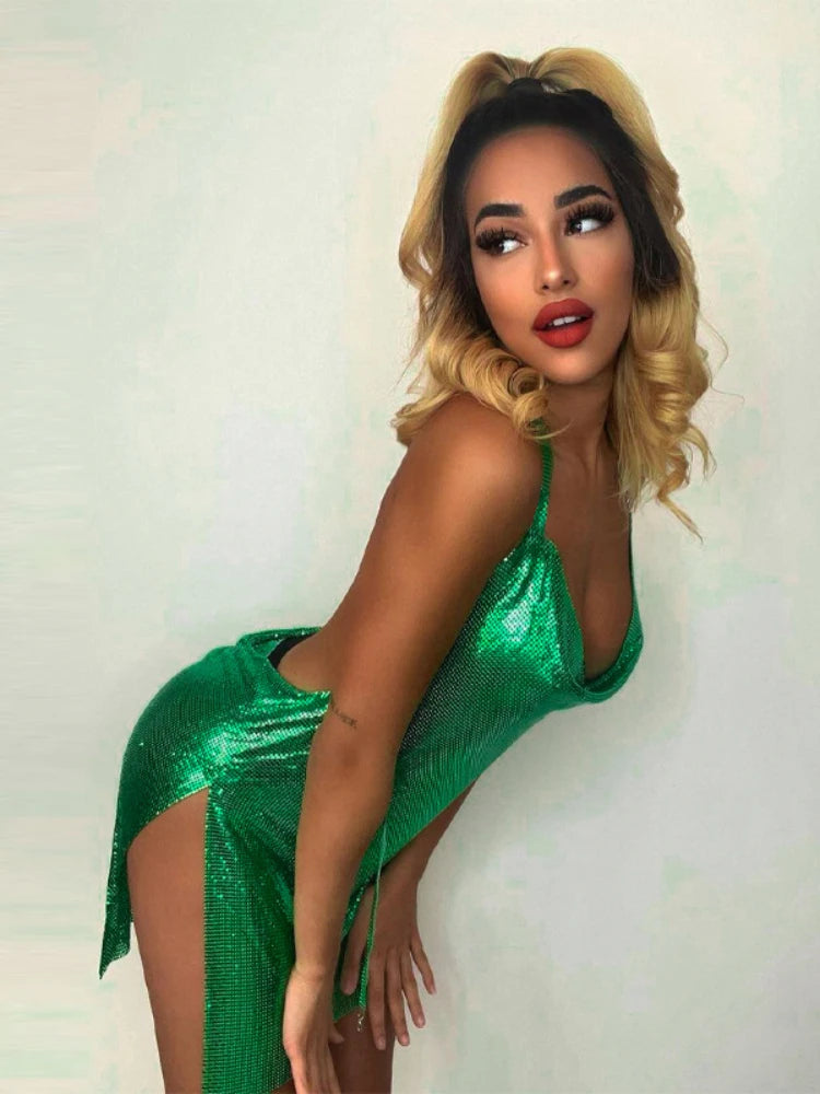 Elegant women's short sequin dress with hanging neck and backless design, perfect for party or dance occasions, by Ansoff.