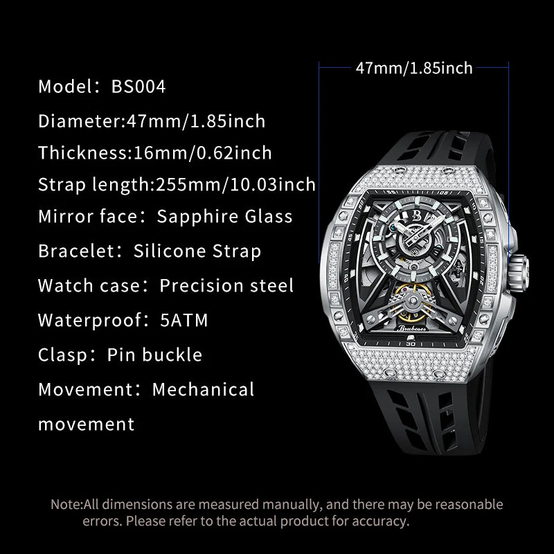 Men Mechanical Winding Watch Montre Homme 2024 New BRUBOSES 5ATM Water Resistant Luminous Tonneau Quartz Wristwatch WIth Diamond - Acros