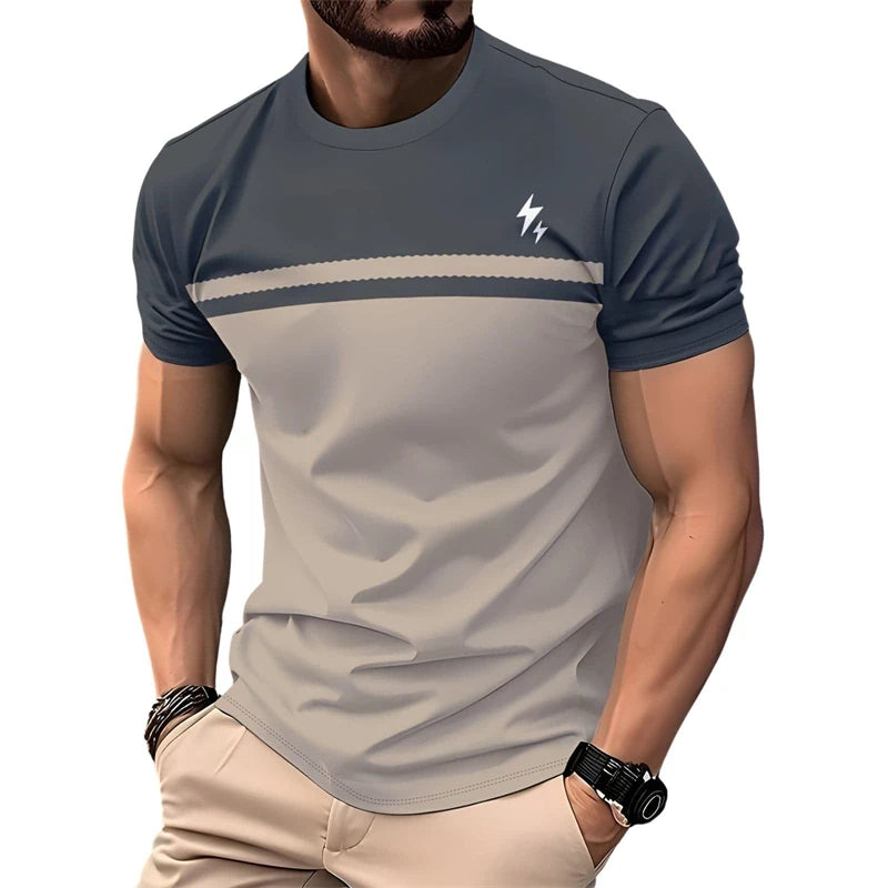 Ansoff men's striped casual T-shirt with 3D printed design, crewneck, summer streetwear style, suitable for daily wear