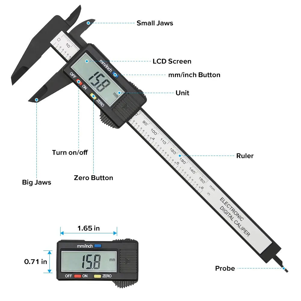 Ansoff electronic digital caliper with carbon fiber body, displaying measurements on digital screen for precise measuring of objects.