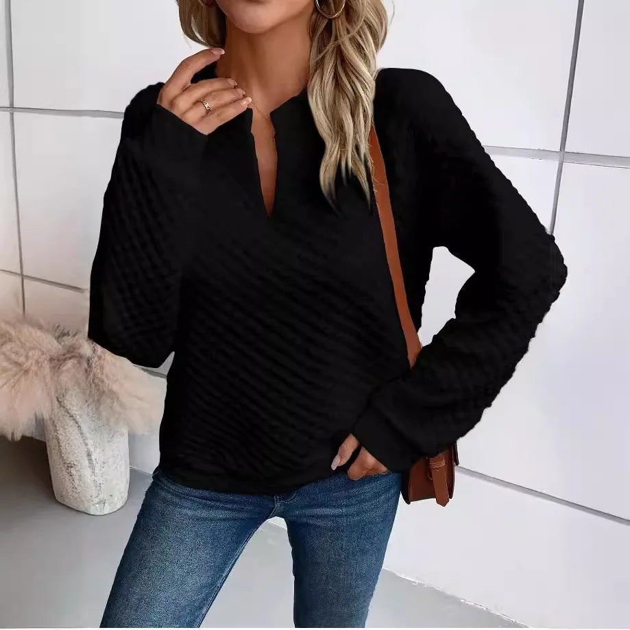Women Sweatshirt 2025 Spring Autumn Latest Fashion Solid Color Deep V-Neck Pullover Long Sleeved Casual Hoodie Loose Sporty Top - Acros