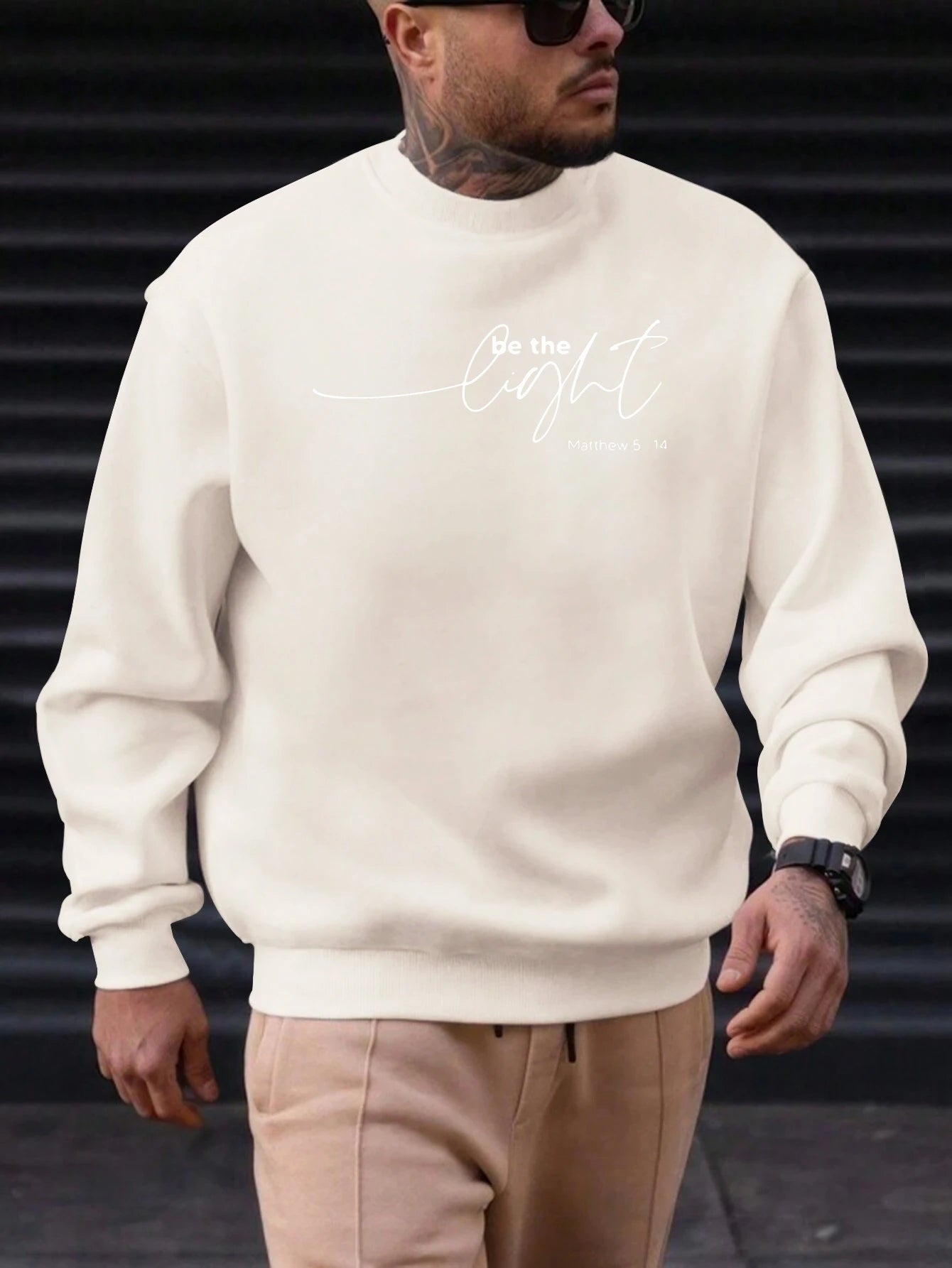 Men's Sweatshirt 2025 New Arrival Minimalist Cozy Relaxed Fit Elegant Calligraphy “Be the Light” Matthew 5:14 Quote Top - Acros