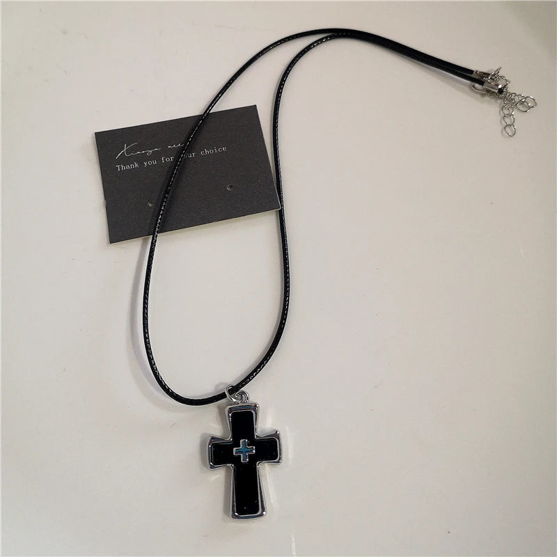 Punk Rock Black Heart Cross Pendant Chain Necklace For Men Women Cool Hip Hop Street Vintage 90s Y2K Grunge Goth Accessories - Acros