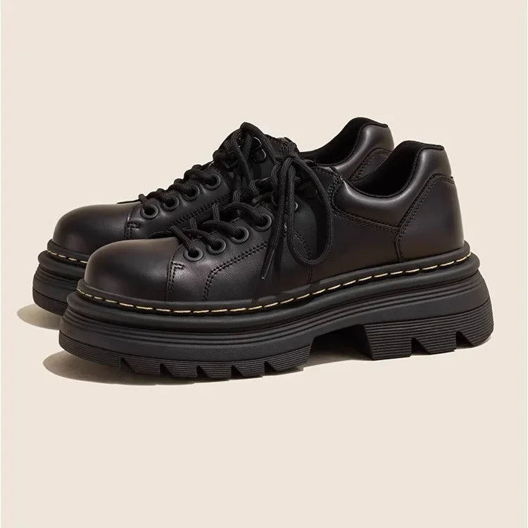 Ansoff women's Derby shoes in British style with fur lining, round toe, platform loafers, casual leather footwear.