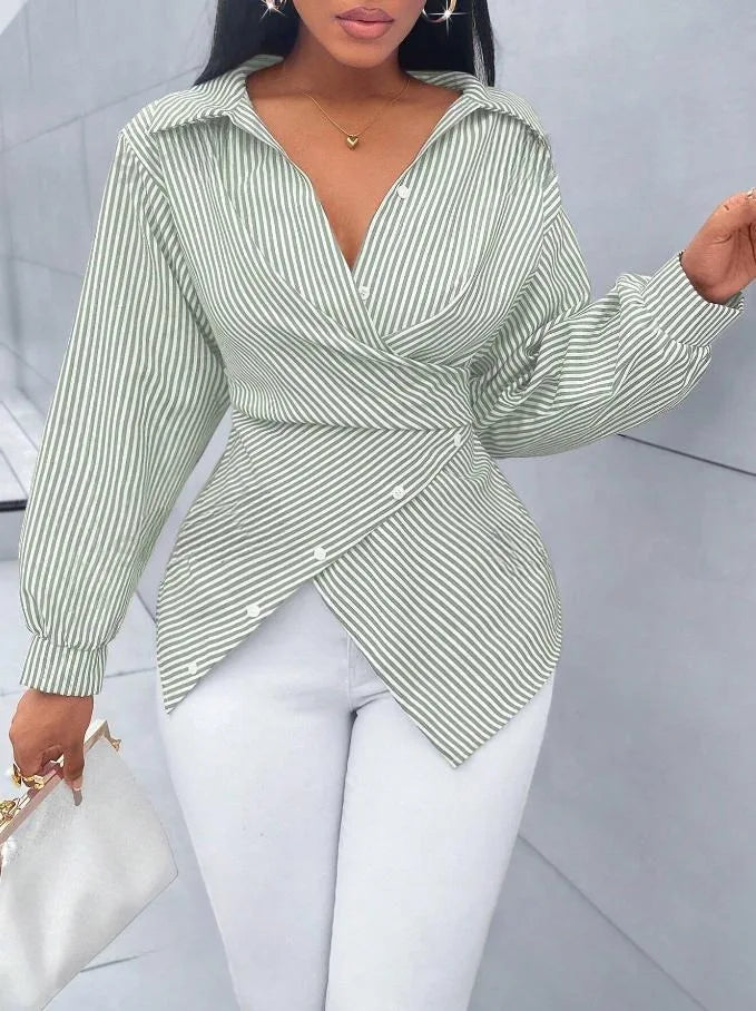 Women's loose long-sleeve striped printed blouse by Ansoff, casual spring-summer fashion with irregular cross design.