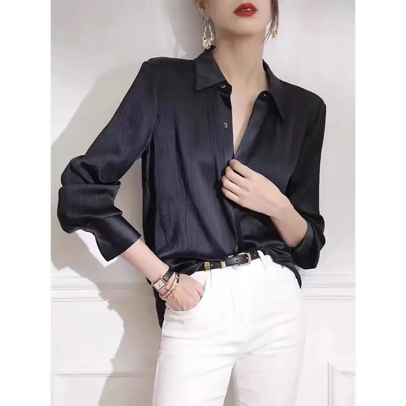 Black satin texture women's long-sleeved blouse by Ansoff, elegant office shirt with loose fit for spring workwear.