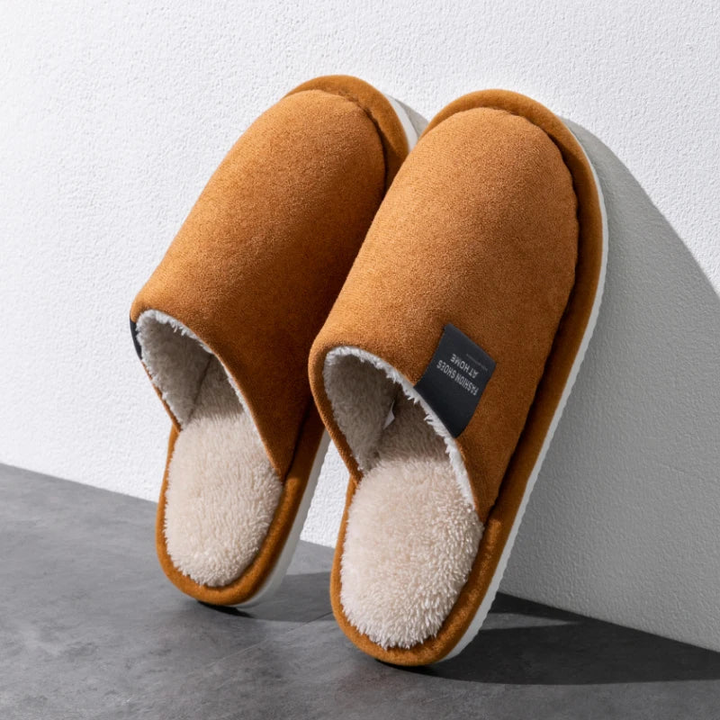 Household Indoor Men's Slippers Autumn and Winter Home Floor for Guests Lightweight Quiet Non-slip Suede Fabric Couple's Shoes - Acros