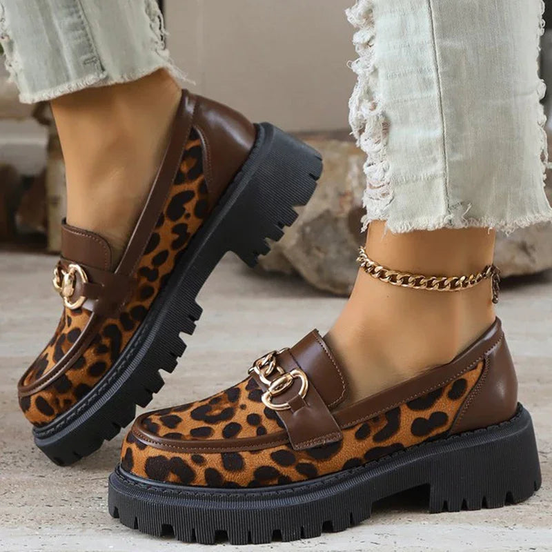 Shoes for Women Fashion Retro Suede Leopard Loafers Metal Decoration Round Toe Women's Loafers Casual Chunky Platform Shoes Lady - Acros