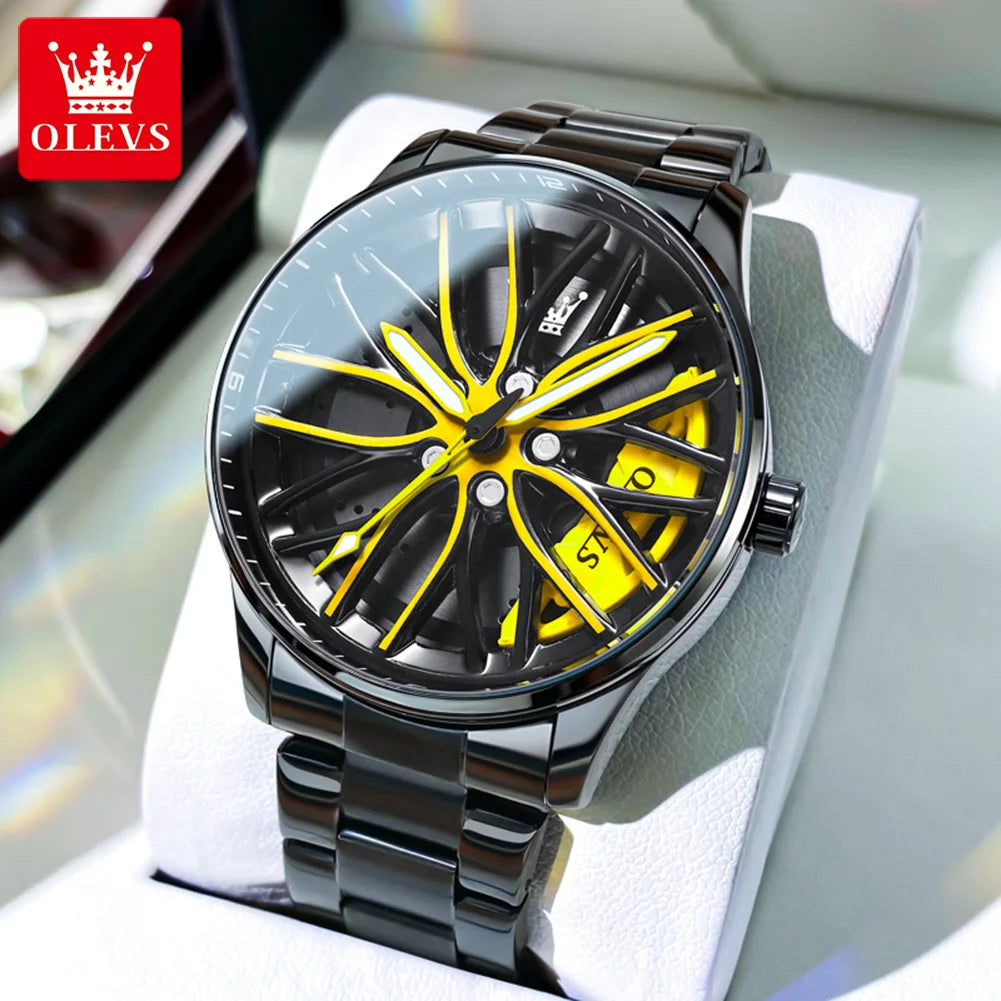 OLEVS Men Watches Rotatable Wheel Hub Dial Fashion Trend Original Quartz Wristwatch Waterproof Stainless Steel Luminous No.9937 - Acros