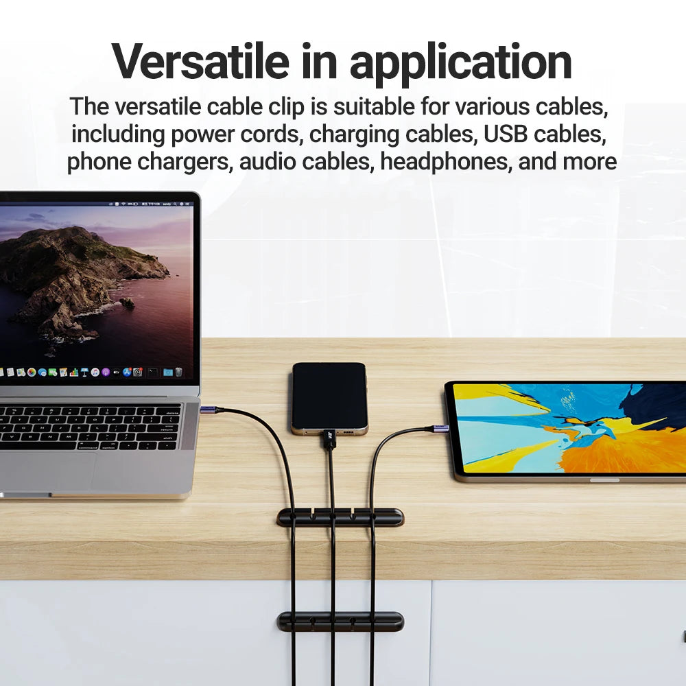 Ansoff adhesive cable holder clips for managing USB charging, power, and mouse cables on a desktop or nightstand.