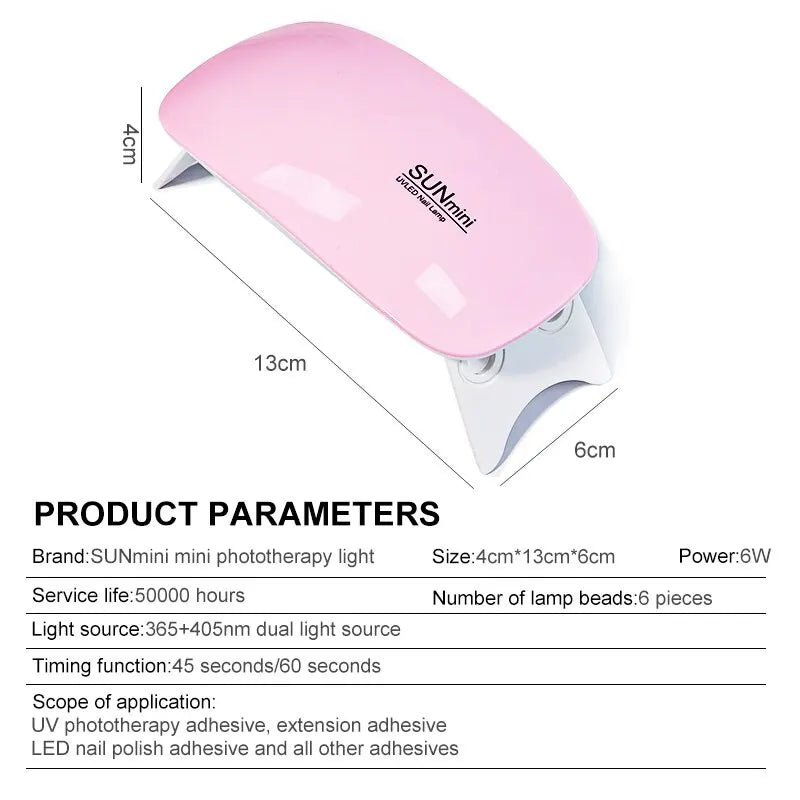 Ansoff 6W mini UV LED nail dryer machine with 6 LED lights, portable design, USB cable, suitable for home use and nail polish drying.