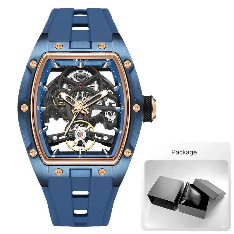MEGIR Men's Automatic Mechanical Watch with Stainless Steel Case Silicone Band Skeleton Dial Waterproof Sport Wristwatch - Acros