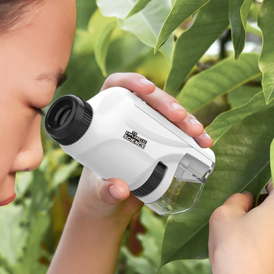 Ansoff handheld microscope with 60-120x magnification, LED light, battery-powered, suitable for kids and science exploration.