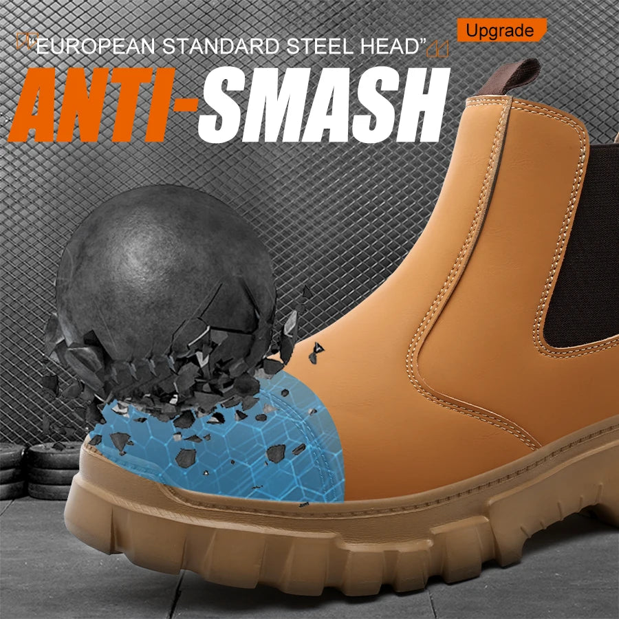 Ansoff waterproof men's safety Chelsea work boots with steel toe, anti-smash and puncture protection, lightweight and durable.