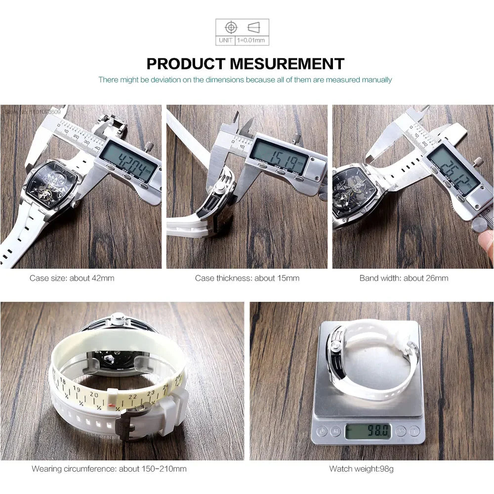 MEGIR Men's Automatic Mechanical Watch with Stainless Steel Case Silicone Band Skeleton Dial Waterproof Sport Wristwatch - Acros