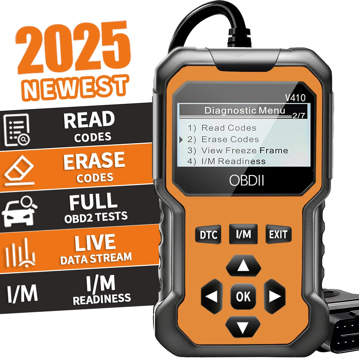 Ansoff OBD2 scanner diagnostic tool displaying engine fault codes on its screen, suitable for all OBD II protocol cars since 1996.