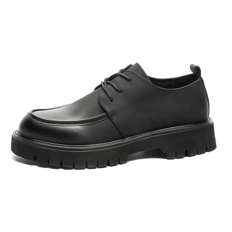 Men's black patent leather dress shoes by Ansoff with thick platform soles, large toe design, ideal for outdoor business and casual wear.