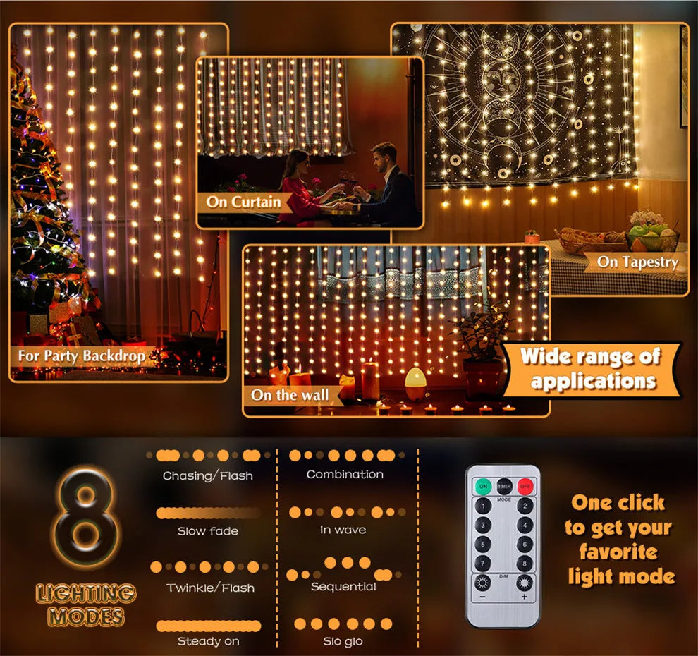 Christmas Lights LED Fairy String Curtain Lights 8 Mode Remote USB Festoon Christmas Decor For Home Holiday New Year Lamp - Acros