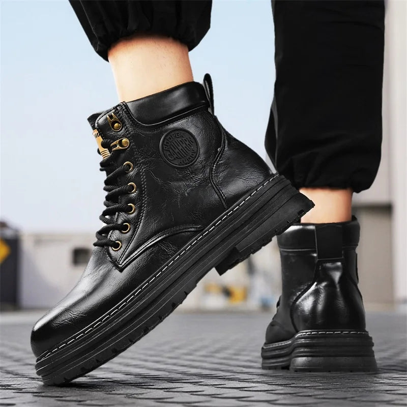 Ansoff 2026 high-top leather work and motorcycle boots with thick soles, British-style casual footwear, black and rugged design.