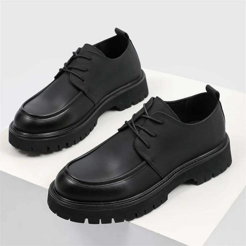Men's black casual platform dress shoes by Ansoff featuring thick soles, patent leather finish, and a large toe design for outdoor wear.