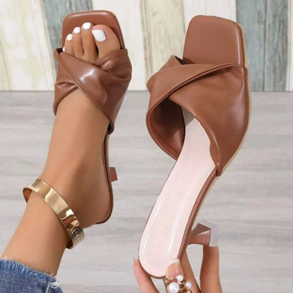 Ansoff women's summer high heels with square open toe design, handmade outdoor fashion slippers for wedding and party occasions.