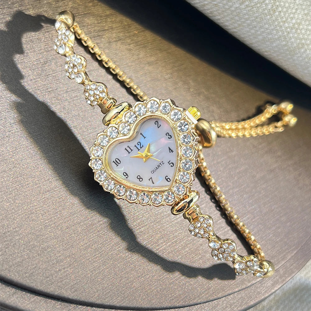 New Fashion Heart-shaped Ribbon-Strap Diamond-Studded Flower Watch for Women with Adjustable Bracelet - Acros