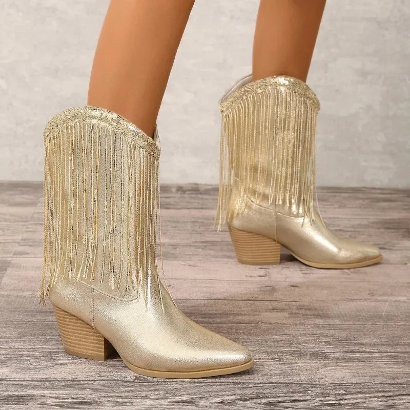 Shoes for Women 2023 Fringed Sequin Design Fashion Women's Boots Comfortable Square Heel Modern Boots New Gold Platform Boots - Acros