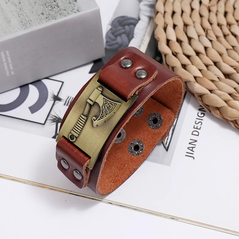 Ansoff VOQ Nordic Viking leather bracelet with wide punk-style design, adjustable wristband, featuring metallic accents and rugged look.